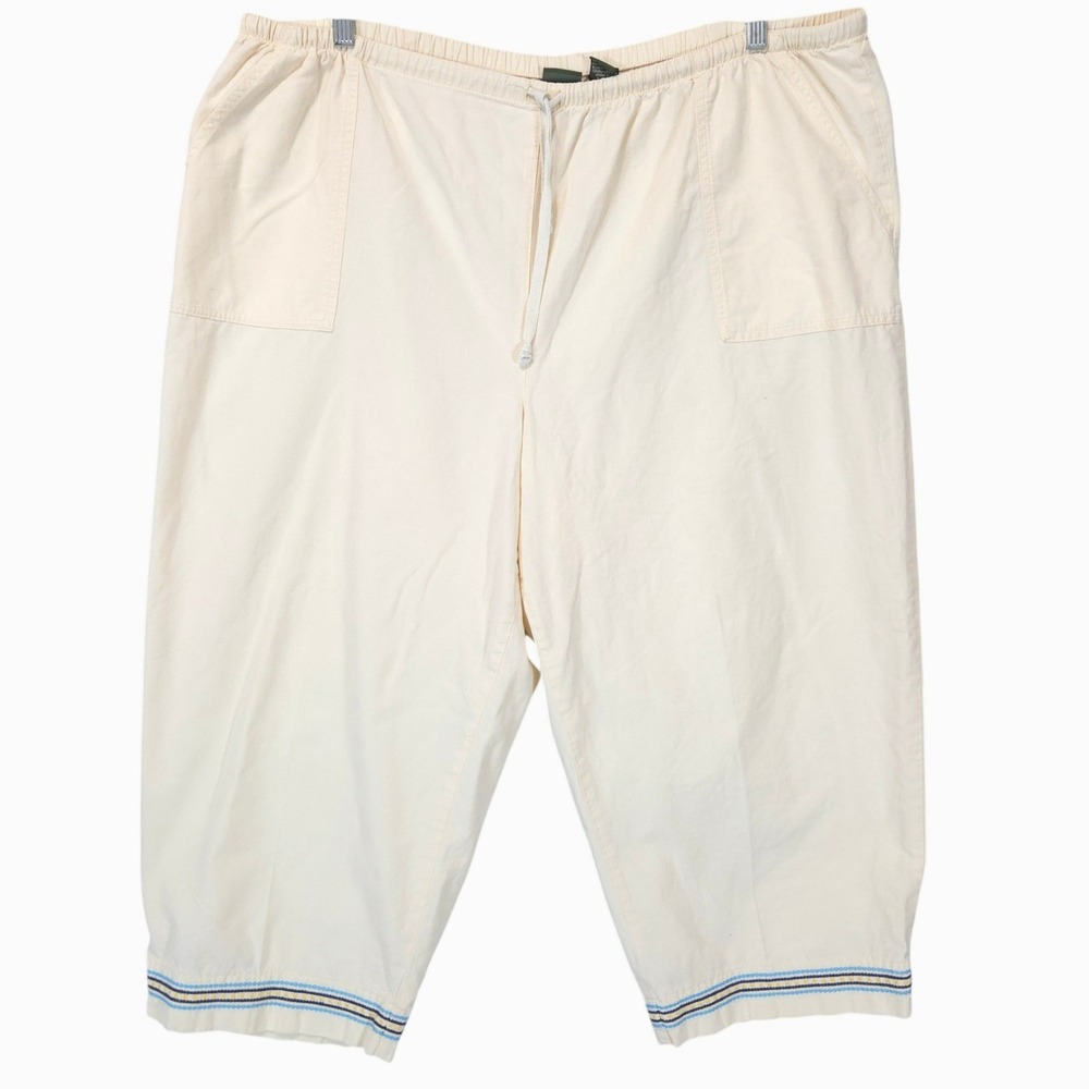 LL Bean Cotton Cropped Pants Womens 2X Cream Drawstring Embroidered Hem Capris